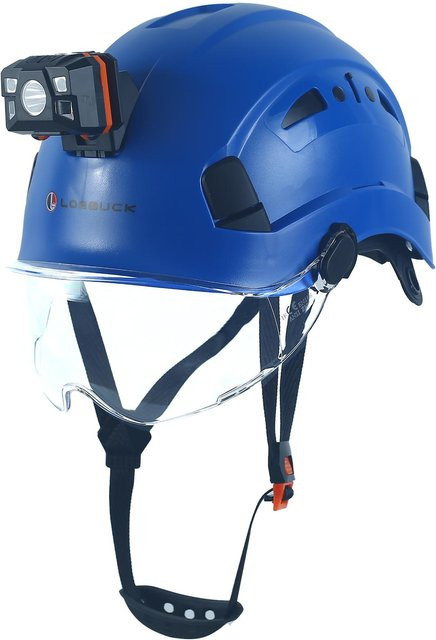 LOEBUCK Schutzhelm Blau mit Schutzbrille und LED-Scheinwerfer nach EN 397 für Bauarbeiten, Kopfumfang: 53-64 cm - Bild 1