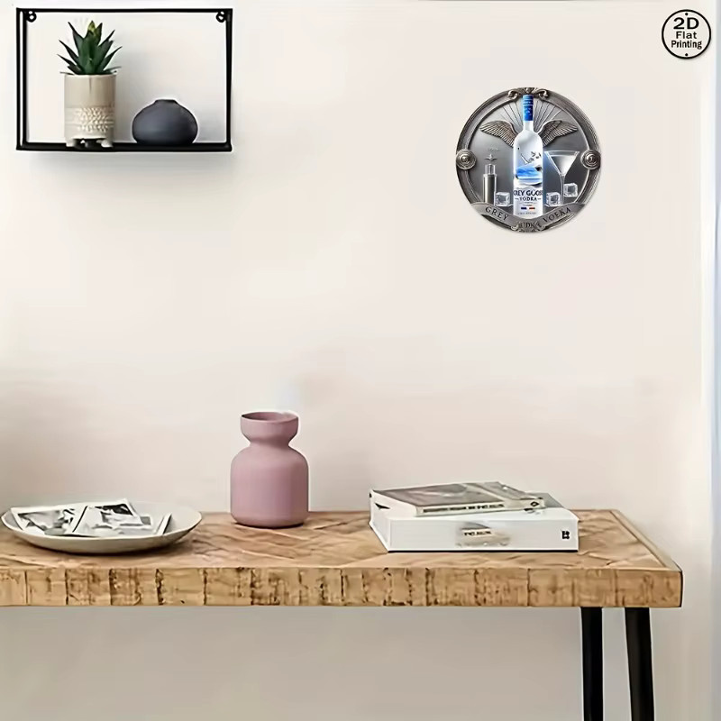 Rundes GooseVodka Wandblechschild aus Metall von Potdemiel in Grau mit Eiswürfel-Grafik für Wohnzimmer, Café oder Außenbereich - Bild 3