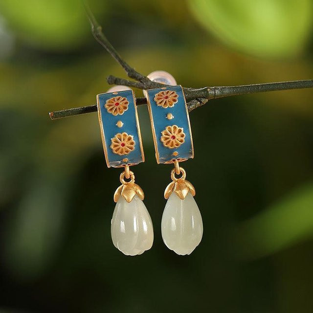 Ohrringe Hetian Jade Magnolienpflanze, Kupfer, Gold, Damen - Bild 1