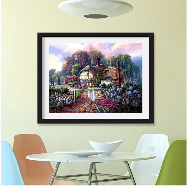 FIYO Diamant-Stickerei Traumhaus DIY Diamantmalerei mit Rund-Strass und Kreuzstich in Grau, B x H: 20 x 30 cm - Bild 1