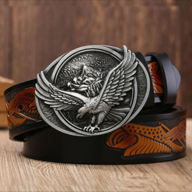GFOHUO Gürtel, Leder, Adler Totem, Kupfer Schnalle, Herren, 110cm, grau - Bild 1