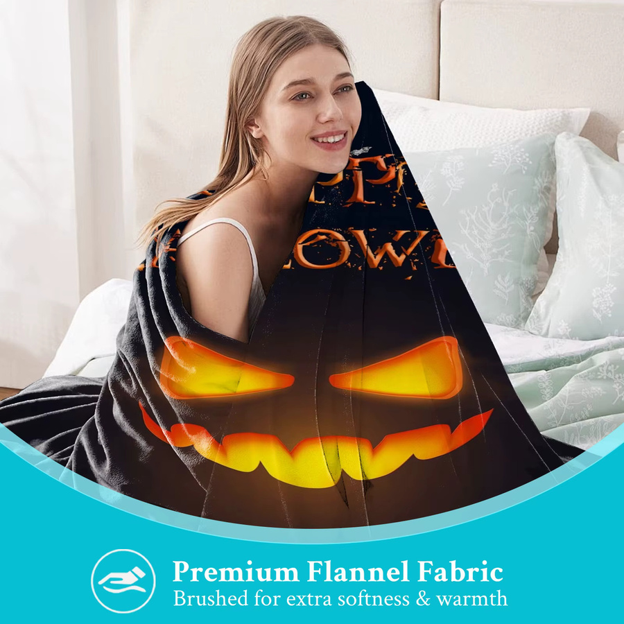 SRH Personalisierte Halloween Fleece-Decke mit Jack-O'-Lantern Kürbis-Druck, Schwarz, Unisex - Bild 2