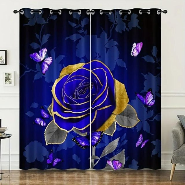 Yiran Furniture Hochverdunkelnde Vorhänge mit blauem Rosen- und Schmetterlingsmuster, 2er-Set, B: 55 cm, H: 120 cm - Bild 1