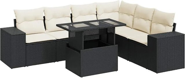 vidaXL 7-teilige Garten-Sofagarnitur aus Poly-Rattan mit Kissen in Schwarz-Creme - Bild 1