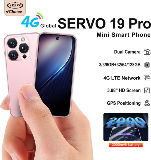 SERVO 19PRO Mini-Smartphone in Blau mit Android 12.0, 128 GB Speicher, 6 GB RAM, 4G LTE, WLAN und 3,88 Zoll Display - Bild 1