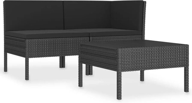 vidaXL 3-tlg. Garten-Lounge-Set in L-Form mit Auflagen und Couchtisch, Poly Rattan und Metall, Schwarz - Bild 1