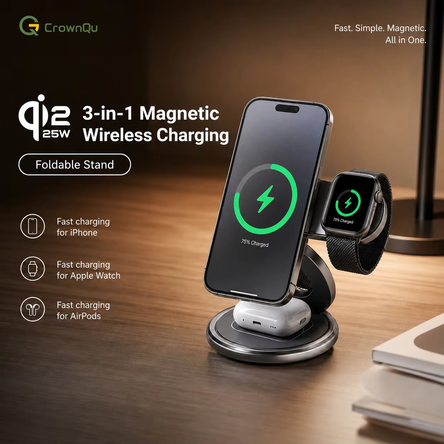 CrownQu 3-in-1 Magnetisches Kabelloses Ladegerät Qi2.2 25W Faltbare Ladestation in Silber für iPhone 17 16 15, Apple Watch und AirPods - Bild 3