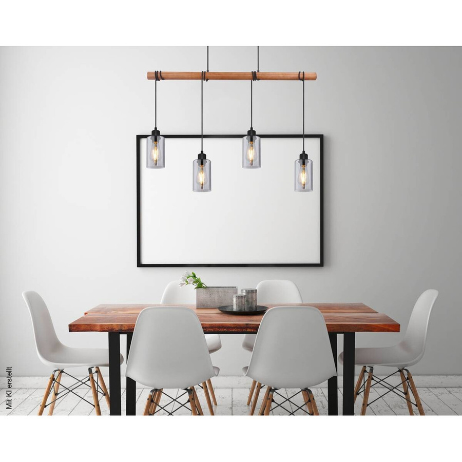 Globo Lighting Pendelleuchte Hadera 4-flammig aus Metall und Holz mit Rauchglas in Schwarz und Natur, B/H/T: 98 x 130 x 15 cm - Bild 4