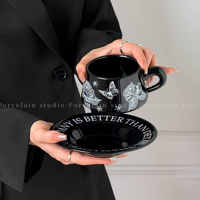 Mirosen Retro Kaffeetasse mit Untertasse aus Keramik, Schwarz, 300 ml - Bild 1