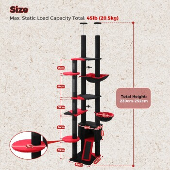 Pawz Road Deckenhoher Katzenbaumturm in Schwarz mit Hängematte, Höhle und integriertem Spielzeug aus Sisal - Bild 2