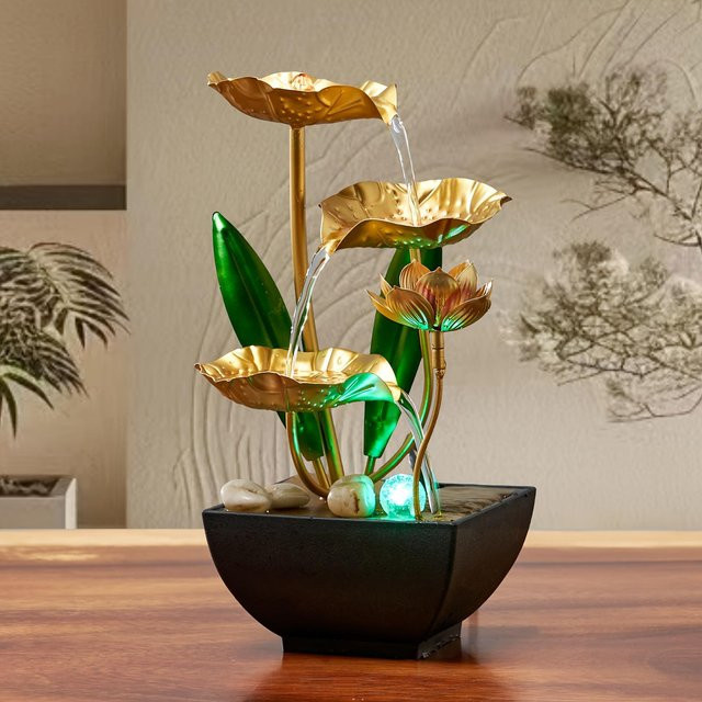YC Direct Kleiner Zimmerbrunnen in Gold mit LED-Licht und USB-Anschluss als moderne Schreibtischdekoration - Bild 1