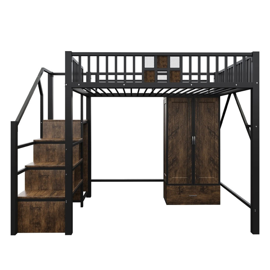 Merax Hochbett für Teenager mit Schrank und Schubladen in Schwarz, Material Mix aus Holz und Metall, B/T/H: 200 x 140 x 170 cm - Bild 2