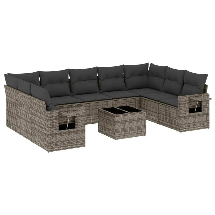 vidaXL 10-tlg. Garten-Sofagarnitur in L-Form aus Polyrattan mit Kissen in Grau - Bild 2