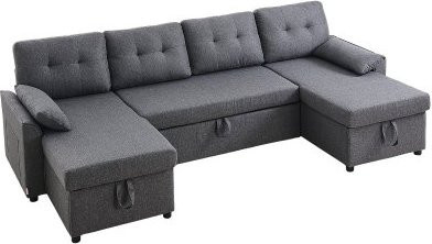 VEVOR U-förmiges Schlafsofa in Grau mit Metallrahmen, ausziehbares 6-Sitzer Bettsofa mit Doppel-Chaiselongue, Stauraum und 2 Kissen sowie Seitentaschen, B/T/H: 287 x 145 x 91 cm - Bild 1