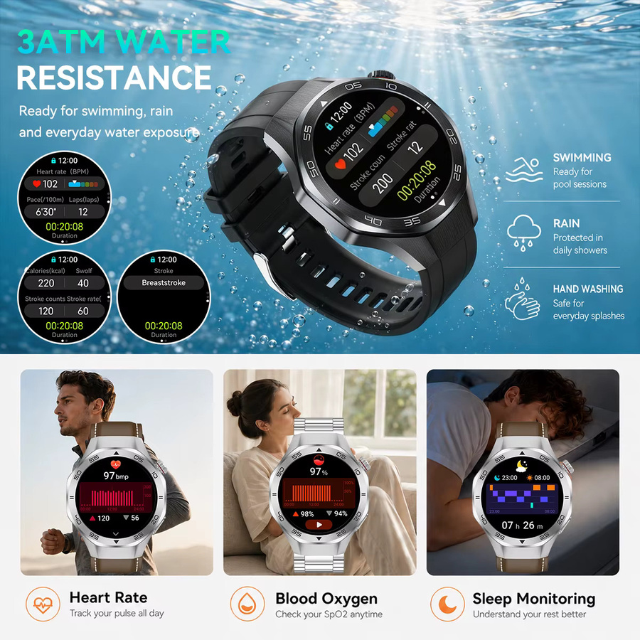 GUHUAVMI WATCH 6 PRO Smartwatch Globale Edition in Schwarz mit AMOLED Saphirglas-Bildschirm, GPS, Kompass und Bluetooth-Anruffunktion, 3ATM wasserdicht - Bild 3
