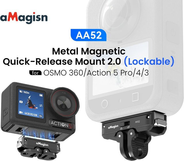 aMagisn Schnellverschluss-Halterung mit Sicherheitsverriegelung für DJI Action 5 Pro, 4, 3 und OSMO 360 in Schwarz mit 1/4-Zoll- und 2-Pin-Schnittstellen - Bild 1