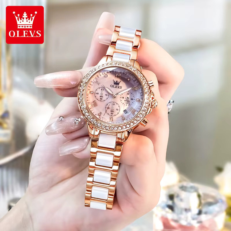 OLEVS Chronograph, Keramik, Roségold, Quarz, Damen - Bild 2