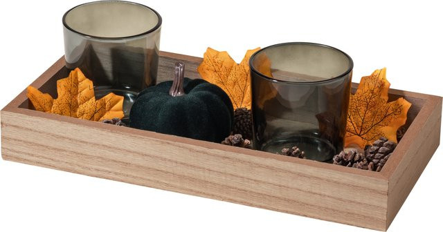 LIVARNO Herbstdeko-Set für den Tisch in Blau und Orange mit Teelichthaltern aus Glas - Bild 1