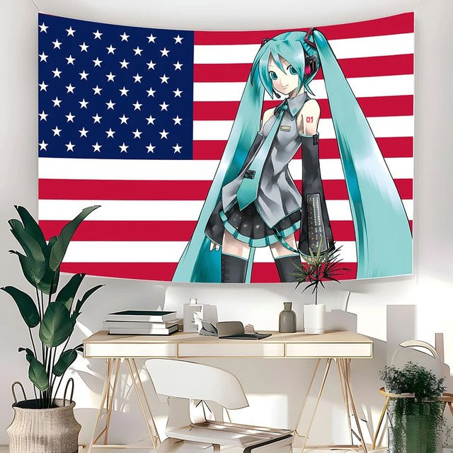 VIKAMA Miku Anime Wandteppich mit amerikanischer Flagge als ästhetischer Wandbehang für dein Schlafzimmer oder Studentenzimmer, Breite: 60 cm, Höhe: 40 cm - Bild 1