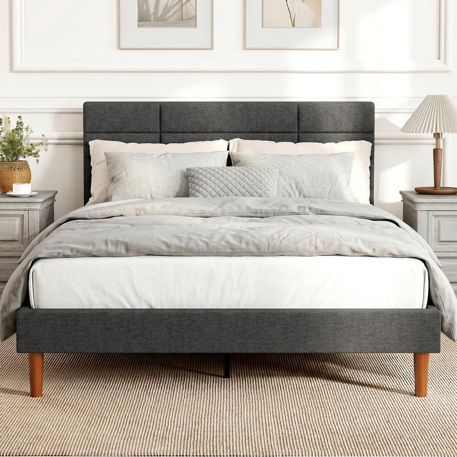 HOMCOM Polsterbett Grau mit gepolstertem Kopfteil und Unterbett-Stauraum, Doppelbettgestell mit Holzlatten aus Eukalyptus und Leinenstoff, B/T: 140 x 200 cm - Bild 2