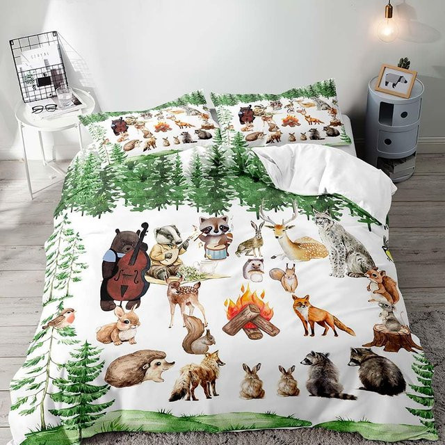 Waldtier Bettwäsche Set für Kinder mit 1 Bettbezug und 2 Kissenbezügen, Cartoon Waldtiere Design, Farbe Grau/Mehrfarbig, B/H: 135 x 200 cm - Bild 1