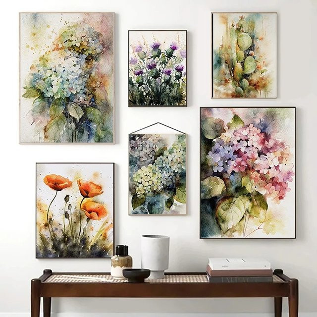 Potdemiel Leinwandgemälde mit Aquarellblumen in Weiß und Multicolour, Wandkunst mit Lotus, Mohnblumen und Hortensien - Bild 1
