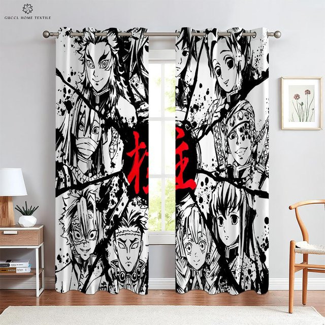 Yiran Furniture Vorhänge mit japanischen Cartoon-Prints für Kinder, 2er-Set, Mehrfarbig, B: 85 cm, H: 200 cm - Bild 1