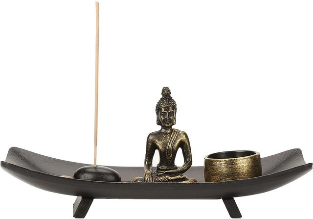 Igeteck Zen-Buddhismus Kerzenhalter und Räucherstäbchenhalter Set aus Glas und Harz in Schwarz und Transparent für deine Heimdekoration - Bild 1