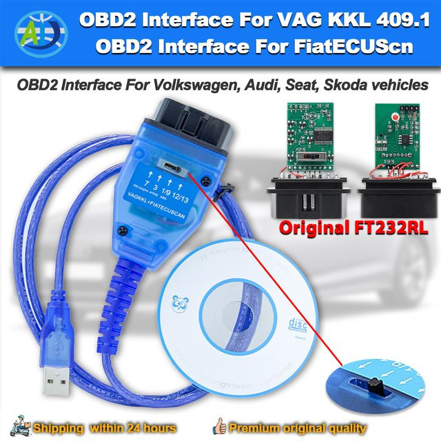 OBD2 USB-Diagnosegerät FTDI FT232RL für VAG mit 409 FIATECUSCAN und KKL Original Schnittstelle in Blau - Bild 1