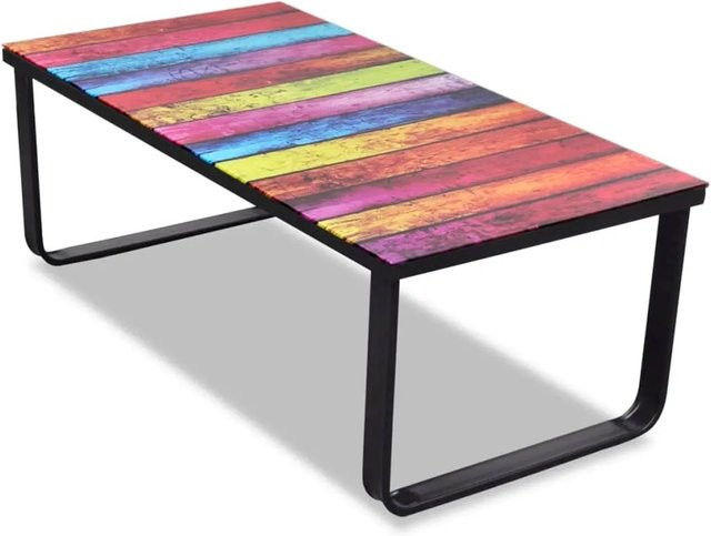 vidaXL Couchtisch mit Hartglasplatte und Eisengestell in Regenbogen-Design, B/T/H: 45 x 32 x 45 cm, Multicolor/Schwarz - Bild 1