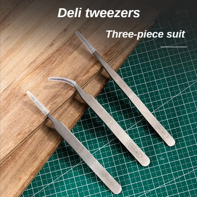 Deli 3er Set ESD-Pinzetten aus Edelstahl mit gebogenen und geraden Spitzen für Präzisionsarbeiten und Löten - Bild 1