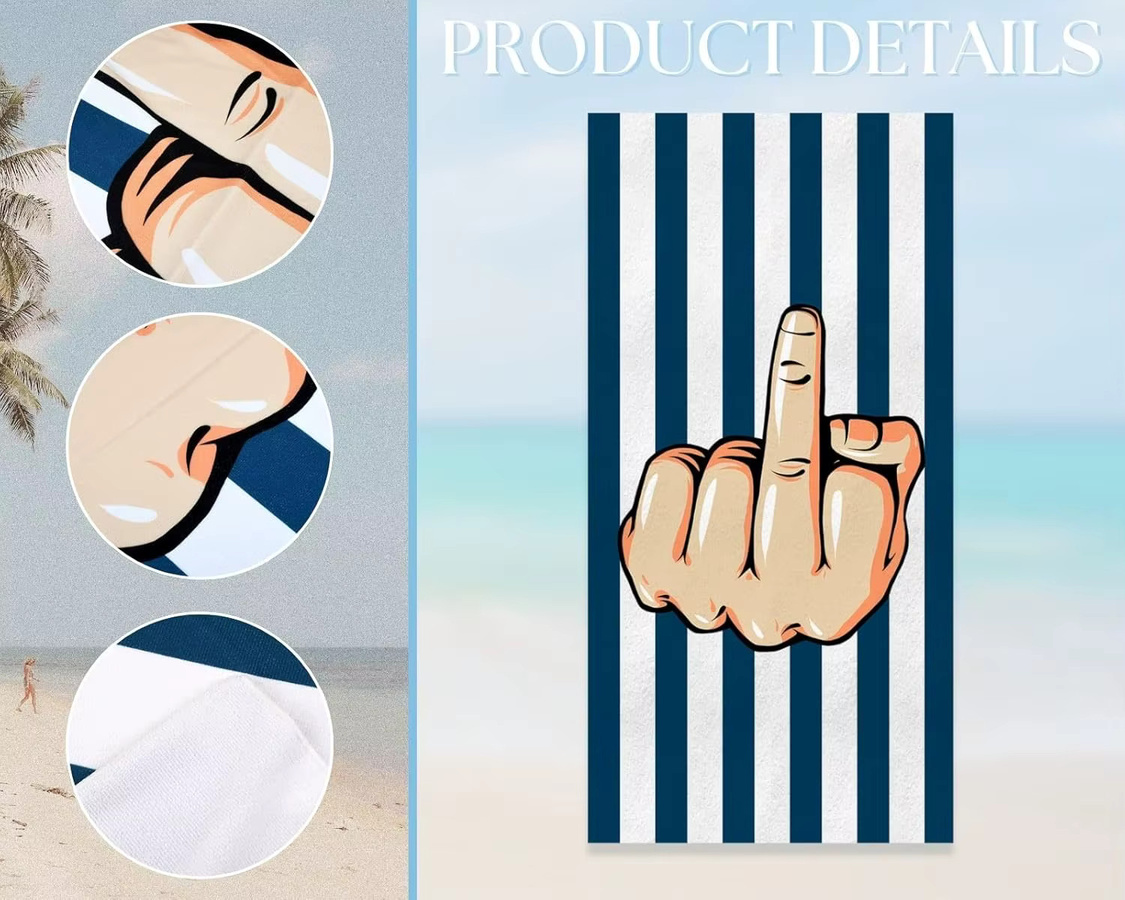 Strandtuch mit Mittelfinger-Motiv aus Mikrofaser, schnell trocknendes Reisehandtuch in blau-weißen Streifen - Bild 2