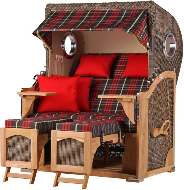 bene,iving Strandkorb Komplettset Ammersee Modell 529 aus Teakholz und PE-Rattan in Grau mit Bullauge und Zubehör - Bild 1