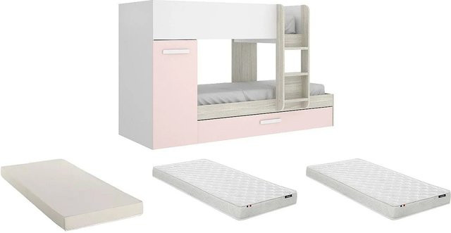 Vente-unique Etagenbett Anthony für Kinder in Puderrosa und Weiß mit Schubladen, Höhe: 243 cm, Breite: 90 cm, Tiefe: 190 cm - Bild 1