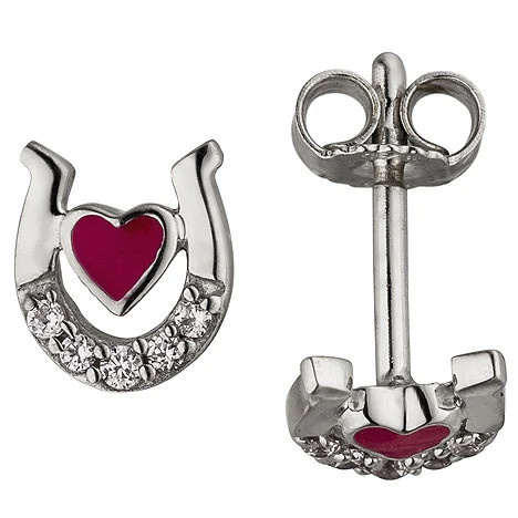 Colkid Kinder Ohrstecker, Hufeisen Herz, pink, 925 Silber, 10 Zirkonia - Bild 1