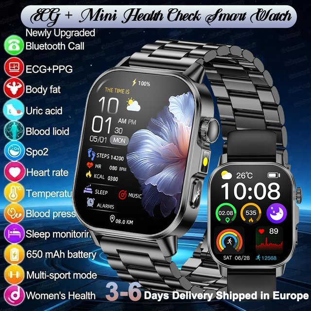 GUHUAVMI KI-Gesundheits-Smartwatch in Schwarz mit 2,0 Zoll HD-Display, EKG-Erkennung, Blutdruckanalyse und Bluetooth-Anruf-Funktion - Bild 1
