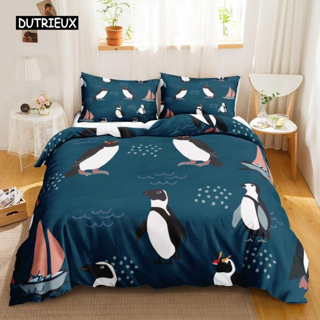 Binchi Outdoor Product Pinguin-Bettwäsche-Set für Kinder mit Antarktis-Tier-Motiv in Blau, 3-teilig, B/H: 150 x 200 cm - Bild 1
