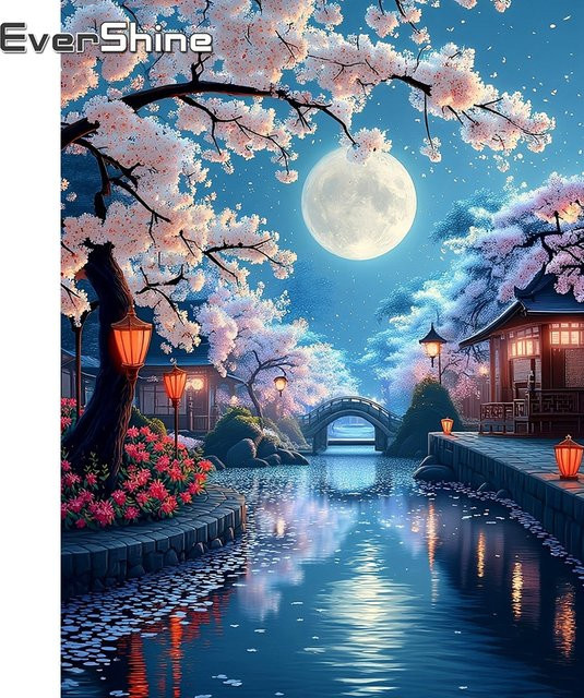 EverShine 5D Diamant-Stickerei DIY Mosaik-Set Landschaft mit Kirschblüten, Mond und Brücke, Wandkunst in Mehrfarbig - Bild 1