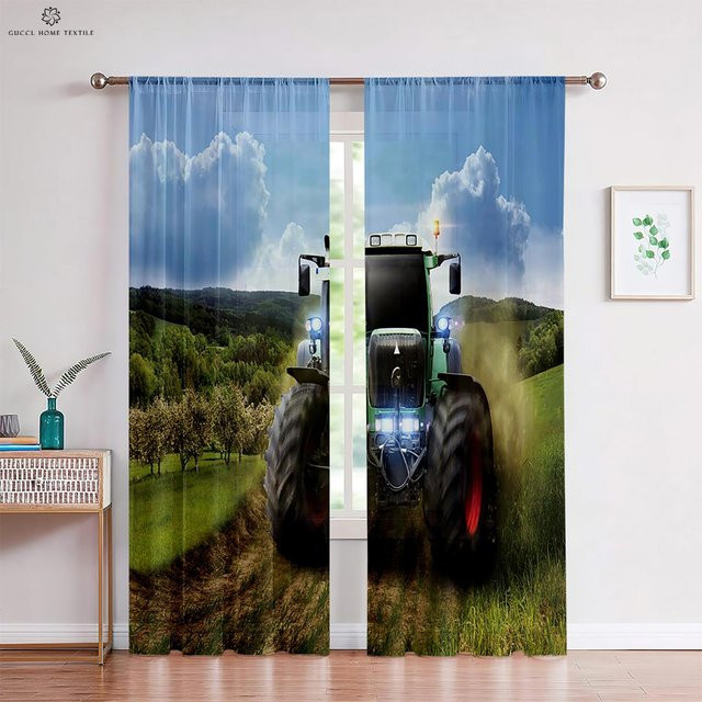 Yiran Furniture Vorhänge mit 3D-Traktor-Druck, 2er-Set, halbtransparent, Mehrfarbig, B: 50 cm, H: 130 cm - Bild 1