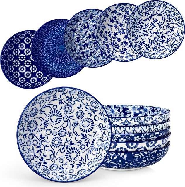 Vancasso 6-teiliges Set Keramik-Pastaschalen und Suppenteller aus Porzellan mit blau-weißem Blumenmuster - Bild 1