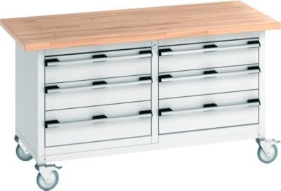Bott Kastenwerkbank cubio aus Buche-Massiv mit 6 Schubladen und 4 feststellbaren Rollen, Farbe: lichtgrau, B/T/H: 150 x 75 x 84 cm - Bild 1