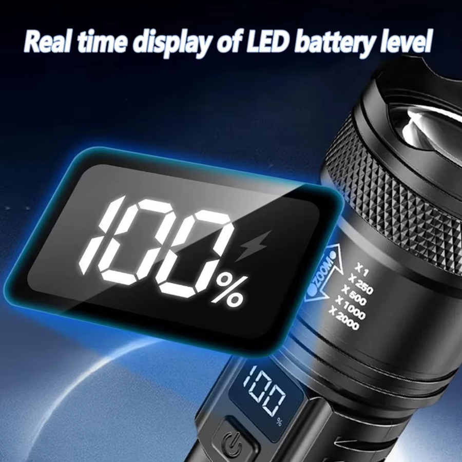 KDULIT Ultrahelle LED-Taschenlampe in Schwarz, wiederaufladbare Taschenlampe mit Display und Zoomfunktion aus Aluminium für Camping, Wandern und Notfälle - Bild 6