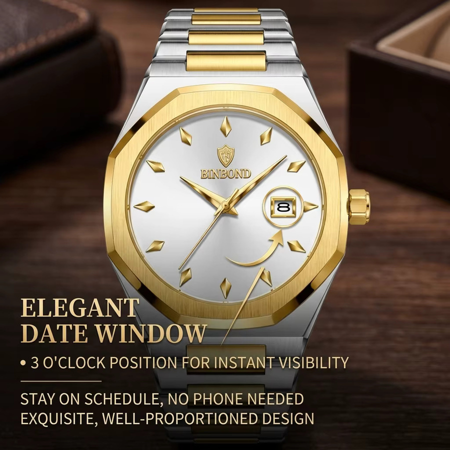 BINBOND Armbanduhr Edelstahl, Bicolor, Gold, Quarz, Herren, Datum - Bild 3