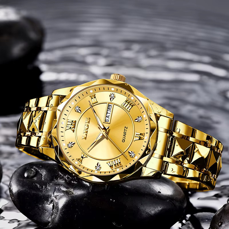 LIGE Armbanduhr Edelstahl, Quarz, Gold, Datum, Wochentag, Damen - Bild 4