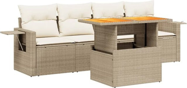 vidaXL 5-tlg Garten-Sofagarnitur aus Polyrattan in Beige mit Kissen und Tisch - Bild 1