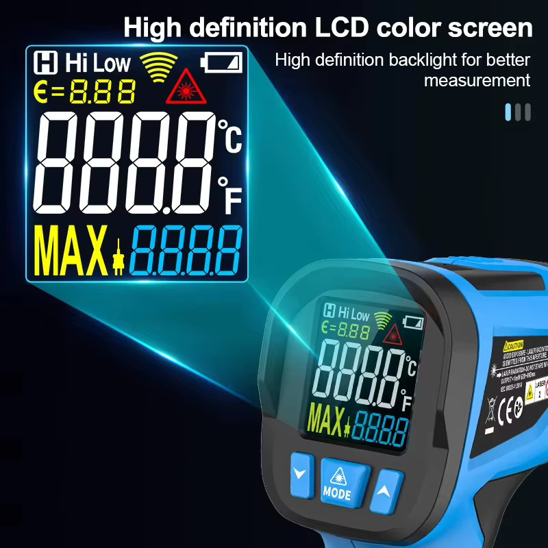 Mestek Digitales Infrarot-Thermometer Blau - Berührungsloses Laser-Temperaturmessgerät mit Pyrometer und Hygrometer für Messbereiche von -50 bis 800 Grad - Bild 6