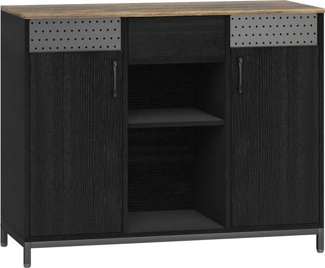 HOMCOM Sideboard mit 2 Türen und Schublade, Wohnzimmerschrank mit verstellbaren Regalfächern, Schwarz und Rustikal Braun, B/T/H: 100 x 40 x 80 cm - Bild 1