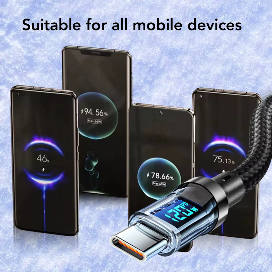 Oozcc USB-A auf Typ-C Schnellladekabel mit LCD-Dynamikdisplay, 120W 6A PD-Ladekabel aus Nylon, Schwarz - Bild 3