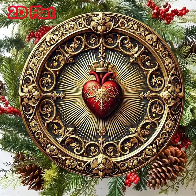 Potdemiel Vintage-Wandkunst aus Aluminium mit Heiligem Herz in Gold und Rot - Bild 1