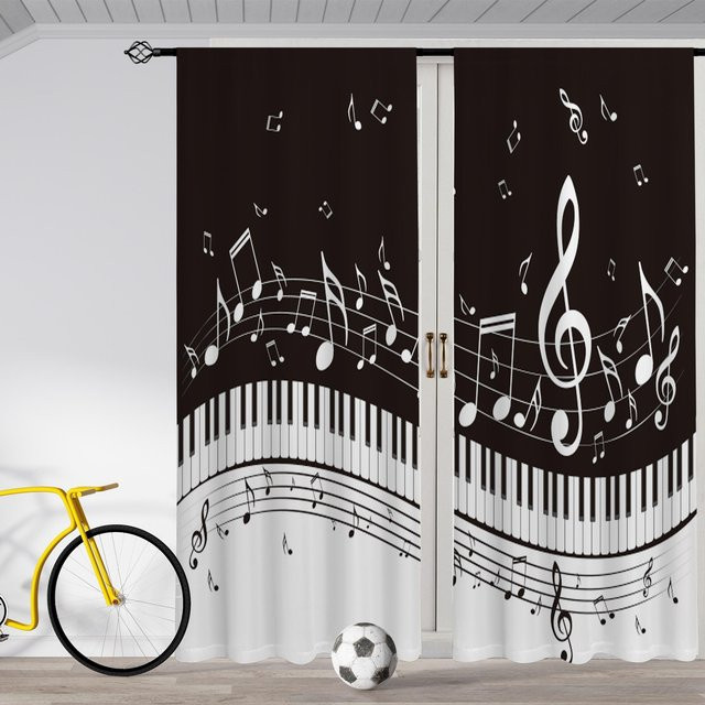 2er-Set Musiknoten Vorhang aus Polyester mit Stangentasche, Schwarz, B: 50 cm, H: 130 cm, von Yiran Furniture - Bild 1